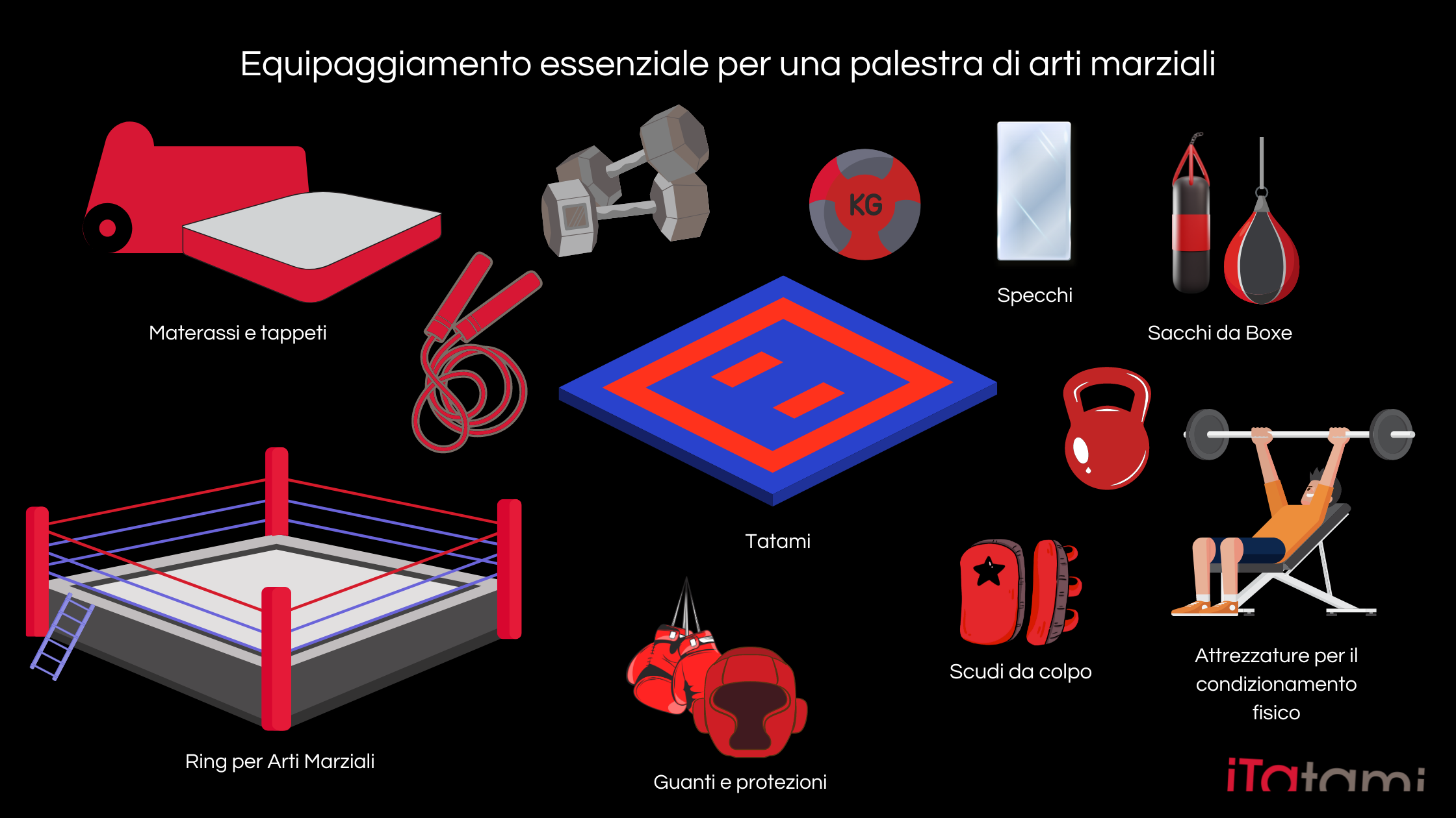 infografica Equipaggiamento essenziale per una palestra di arti marziali