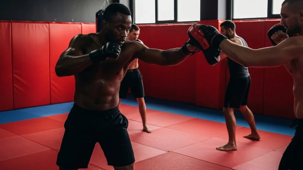 MMA training in a gym with wall protections and tatami mats.
