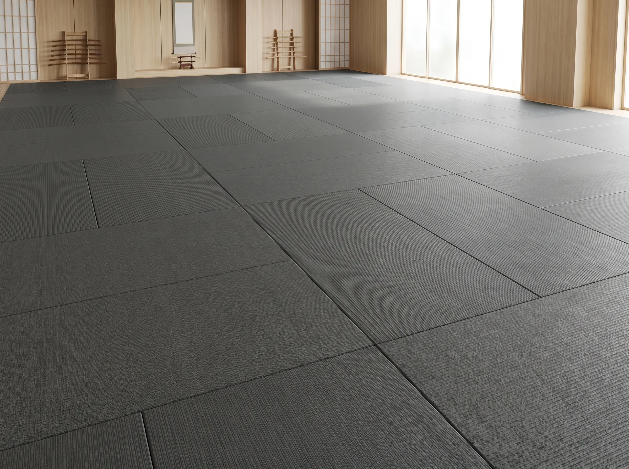 dojo moderne avec tatamis gris foncé pour le judo